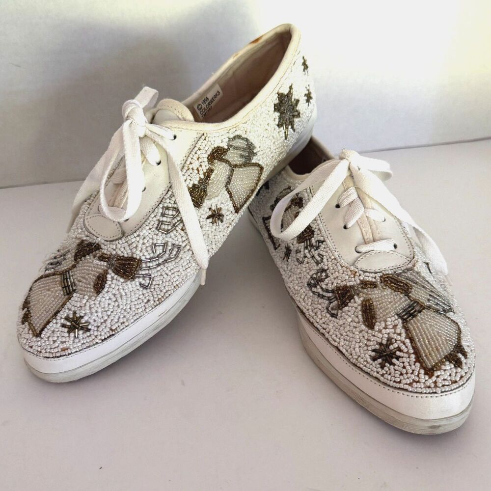 Colorwerk, 90s White Beaded Angel Star Sneakers, 10, Holiday Tennis Shoes